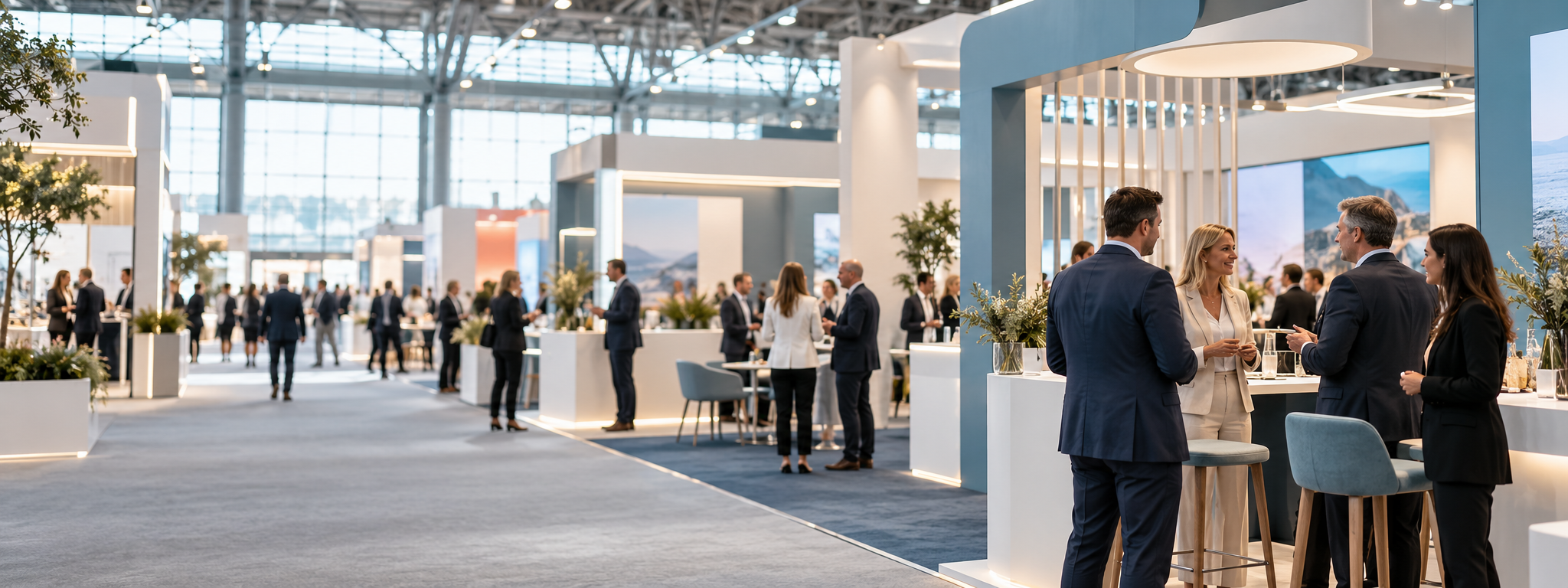 Business conversations at a bright contemporary exhibition